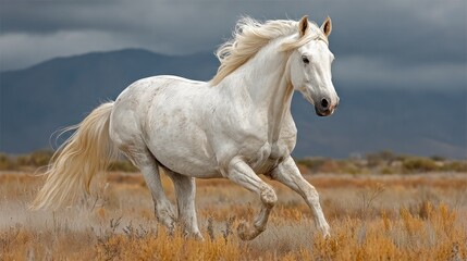 Obraz premium Majestic white horse galloping freely across a vast open landscape with mountains and cloudy sky in the background captu wild beauty and natural grace