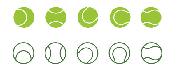 A vector icon set of tennis and padel balls, showcasing both filled and outline styles for sports design.