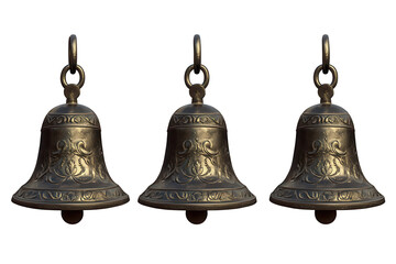 Three decorative bells isolated on a transparent background suitable for various design projects and festive occasions