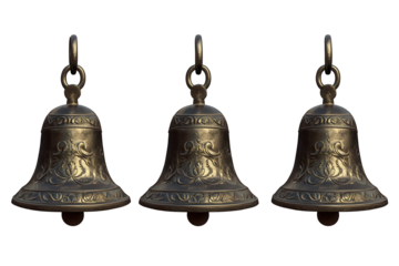Three decorative bells isolated on a transparent background suitable for various design projects and festive occasions