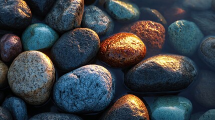 Stunning close-up of smooth, water-worn river stones illuminated by warm golden sunlight creating a serene, tranquil natural scene