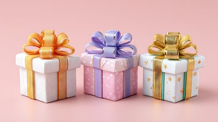 Obraz premium Festive gift boxes trio with colorful satin bows and ribbons on bright pink background minimal flat lay present set for birthday wedding and holiday designs with copy space for cards banners