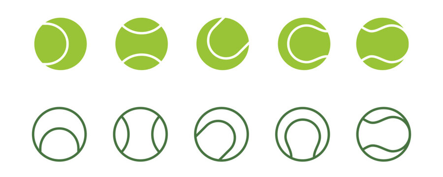 A vector icon set of tennis and padel balls, showcasing both filled and outline styles for sports design.