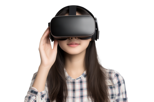 Teenage girl exploring virtual reality in a modern setting while wearing immersive VR headset and enjoying a digital adventure