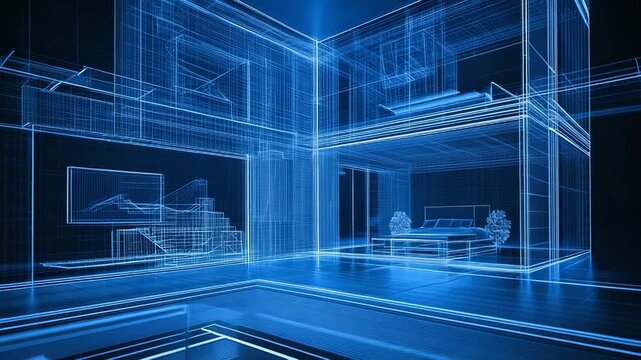 Digital blueprint rendering modern house interior wireframe