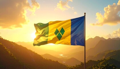 Saint Vincent and the Grenadines flag waving proudly against a stunning sunset over mountainous landscape, perfect for travel and national pride concepts
