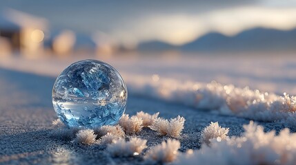 Captivating crystal orb cradled by delicate frost crystals on icy ground, bathed in soft dawn light, evoking winter's serene beauty and magic.