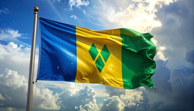 Saint Vincent and the Grenadines flag waving proudly against a bright, dramatic sky, showcasing national pride and resilience during a rain shower - Powered by Adobe