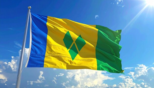 Saint Vincent and the Grenadines flag waving proudly against a beautiful sunny blue sky, embodying national pride and vibrant island spirit