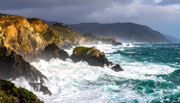 Rugged coastline with foamy ocean waves crashing against rocky cliffs