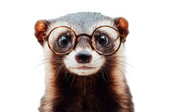 Grinning ferret wearing round glasses expresses joy and curiosity in a playful setting indoors