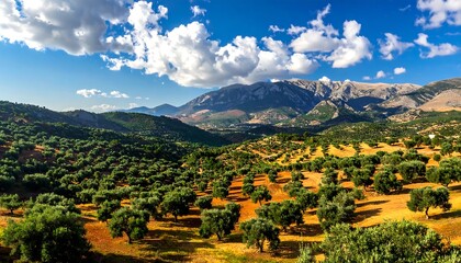 Rolling hills, olive groves, and majestic mountains under a bright, cloudy sky