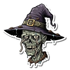 Creepy Zombie Skull Wearing a Witch Hat Sticker Illustration.
