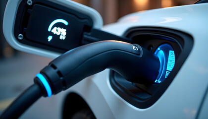 Electric vehicle charging at a charging station, showing the battery percentage.