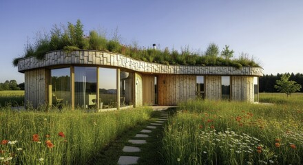 Fototapeta premium Sustainable Wooden House with Curved Green Roof and Panoramic software in a Sunny Wildflower Meadow
