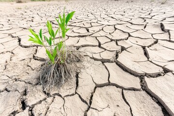 Resilience concept. Resilient Green Plant Growing in Dry Cracked Soil of Drought-Stricken Land Highlighting Challenges of Climate Change