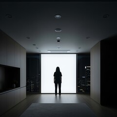 Fototapeta premium Woman Standing Silhouetted in Modern Apartment Overlooking City at Night