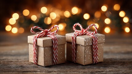 Two small brown gift boxes tied with red and white striped twine on a rustic wooden surface with warm blurred holiday lights cozy minimal Christmas present scene for greeting cards web banners