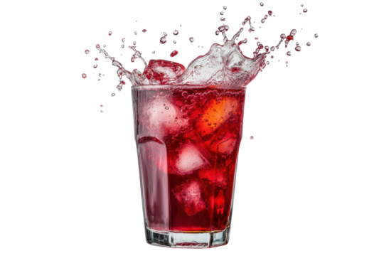 Hibiscus iced tea splashing refreshingly in a clear glass with ice, captured in a minimalist studio setting