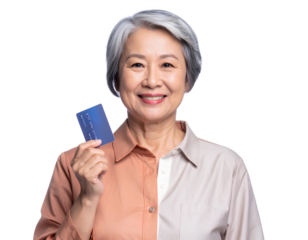 Senior Woman Holding Credit Card on Transparent Background