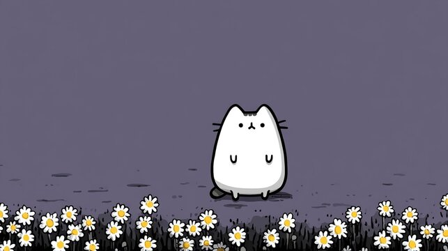 Cute White Cartoon Cat with Daisies