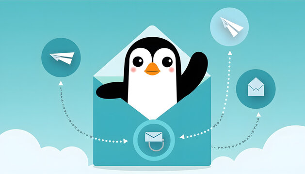 Cute penguin popping out of an envelope with paper airplanes and email icons.