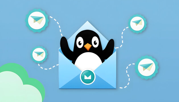 A cheerful penguin pops out of an envelope, surrounded by paper airplanes and a blue background.