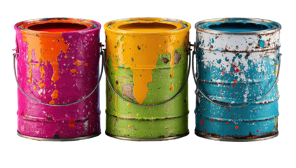 Three rusty paint cans, overflowing with vibrant spills of color