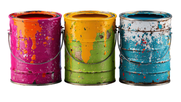 Three rusty paint cans, overflowing with vibrant spills of color