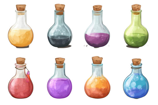 Brightly colored potions in various shapes and sizes displayed in a neat row to showcase their unique colors and textures