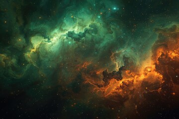 Fototapeta premium A cosmic vista showcasing swirling nebulae with hues of emerald and amber against a starry expanse