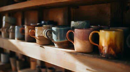 Colorful Ceramic Mugs on a Wooden Shelf