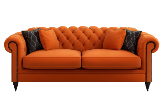 Bright orange sofa with elegant tufted design and decorative pillows, perfect for modern living room or stylish seating arrangement in any space