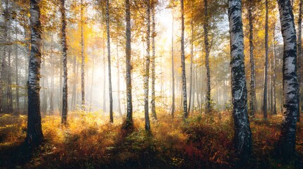 Fototapeta premium Golden autumn forest with tall maple and birch trees