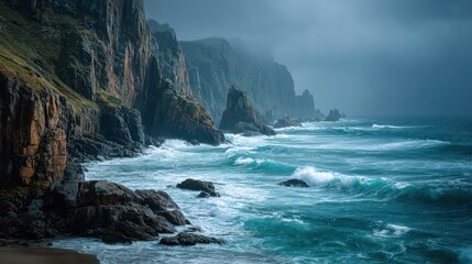 Majestic rugged coastline featu towe cliffs and crashing waves under overcast sky with lush green vegetation and natural rock formations along the ocean shore