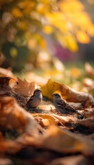 Adorable tiny birds sitting among fallen autumn leaves