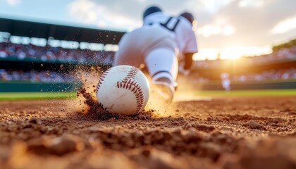 Close-up of a baseball player sliding toward the base as dust and dirt fly in the air under golden sunlight, capturing the speed, focus, and determination of the game.
