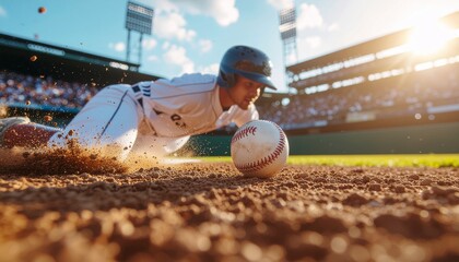 Dynamic baseball action scene of a player sliding into base with flying dirt and sunlight, captured in mid-motion. Intense energy and atmosphere of a professional game.