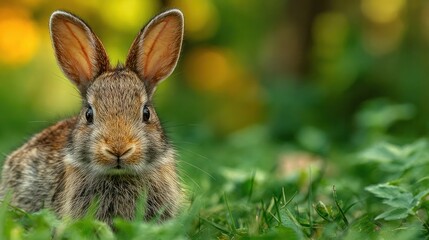 Cute wild brown rabbit sitting on green grass in a natural outdoor setting with blurred foliage and sunlight background for wildlife and nature photography