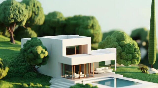 Modern architectural house simulation with pool by water