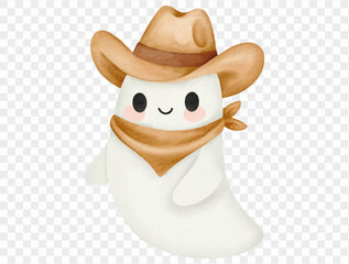 Watercolor cowboy ghost wearing hat cute Halloween illustration Vector.