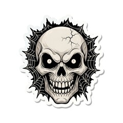 Scary Skull with Spooky Spiderweb Halloween Illustration.