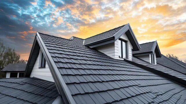 Rooftop view with grey shingles and a sunset sky background