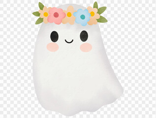 Watercolor ghost with flower crown cute Halloween illustration Vector.