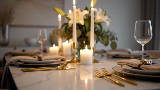 Elegant dining table set with golden cutlery, candles, and floral centerpiece