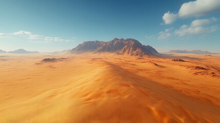 Fototapeta premium Vast desert landscape featuring undulating orange sand dunes under a clear blue sky with distant brown mountains, capturing the serene beauty of nature. Abstract Background Trend