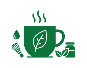 Green tea glyph icon. Superfood. Organic, healthy, and energizing food for balanced nutrition. Detox and weight loss supplements. Vegetarian food. Filled flat sign. Isolated silhouette vector