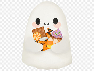 Cute ghost holding Halloween candy watercolor illustration Vector.