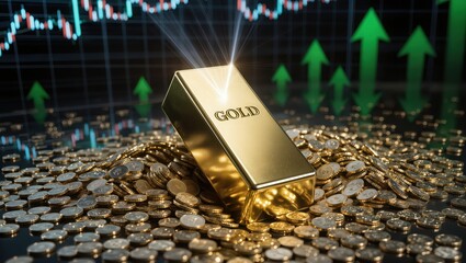 A gleaming gold bar rests upon the pile of coins under bright studio lighting, featuring a digital stock chart and upward green arrows within the background symbolizing rising market trends