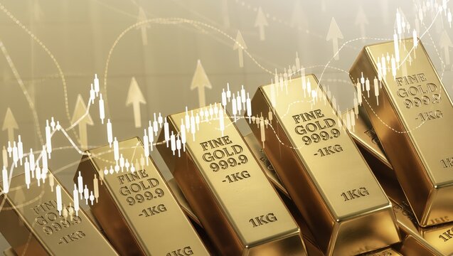 Shiny stacked gold bars marked 999.9 fine gold and 1KG displayed under warm lighting featuring an upward financial graph overlay symbolizing rising market trends and investment growth